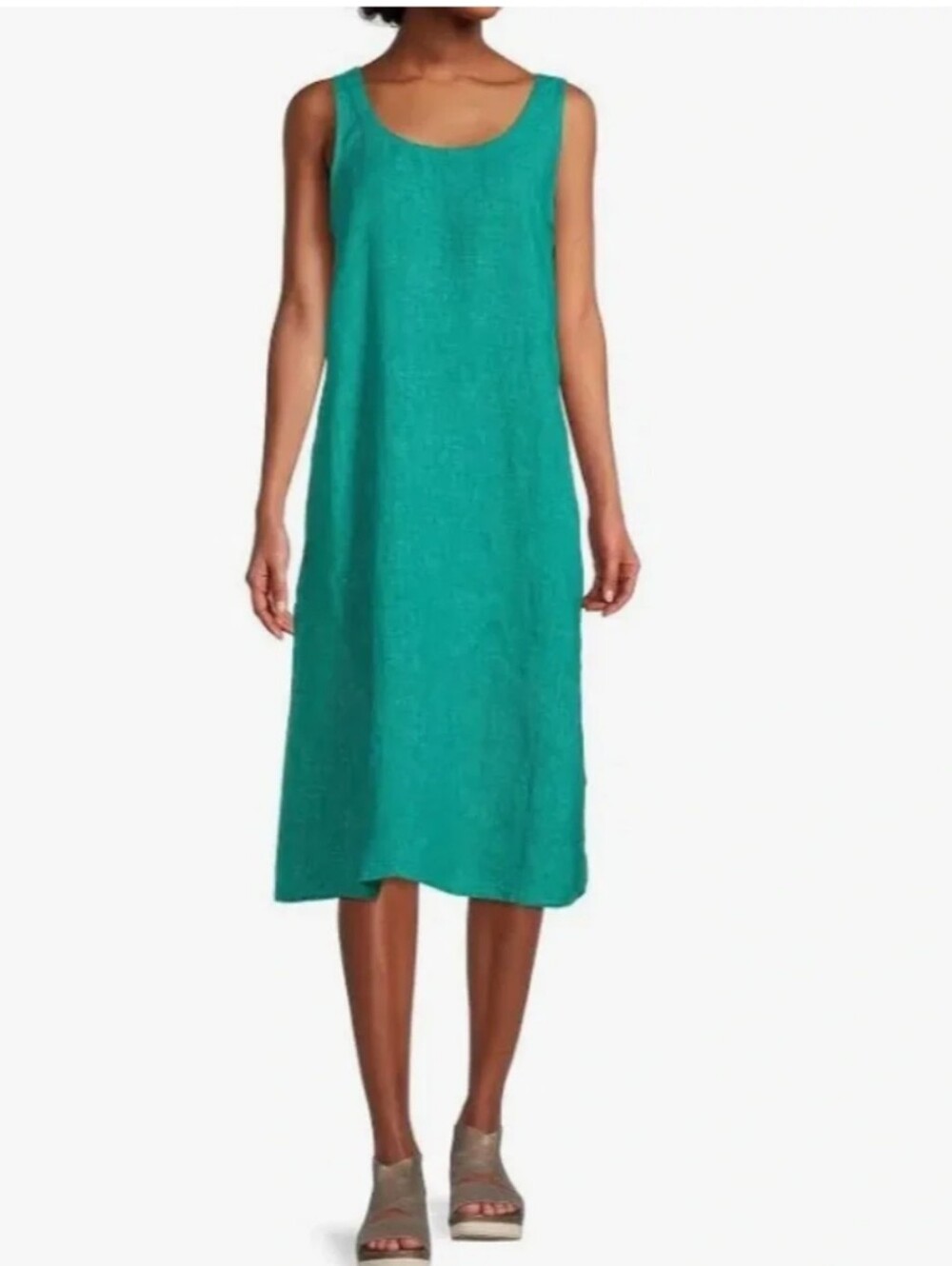 Eileen Fisher Washed Organic Linen Délavé Tank Dress Green Aqua Women's XS